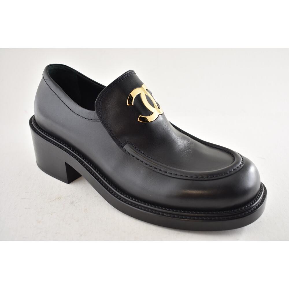 Chanel 55mm Black Calfskin Leather CC Gold Logo Block Heel Platform Loafer 39 - Picture 8 of 16